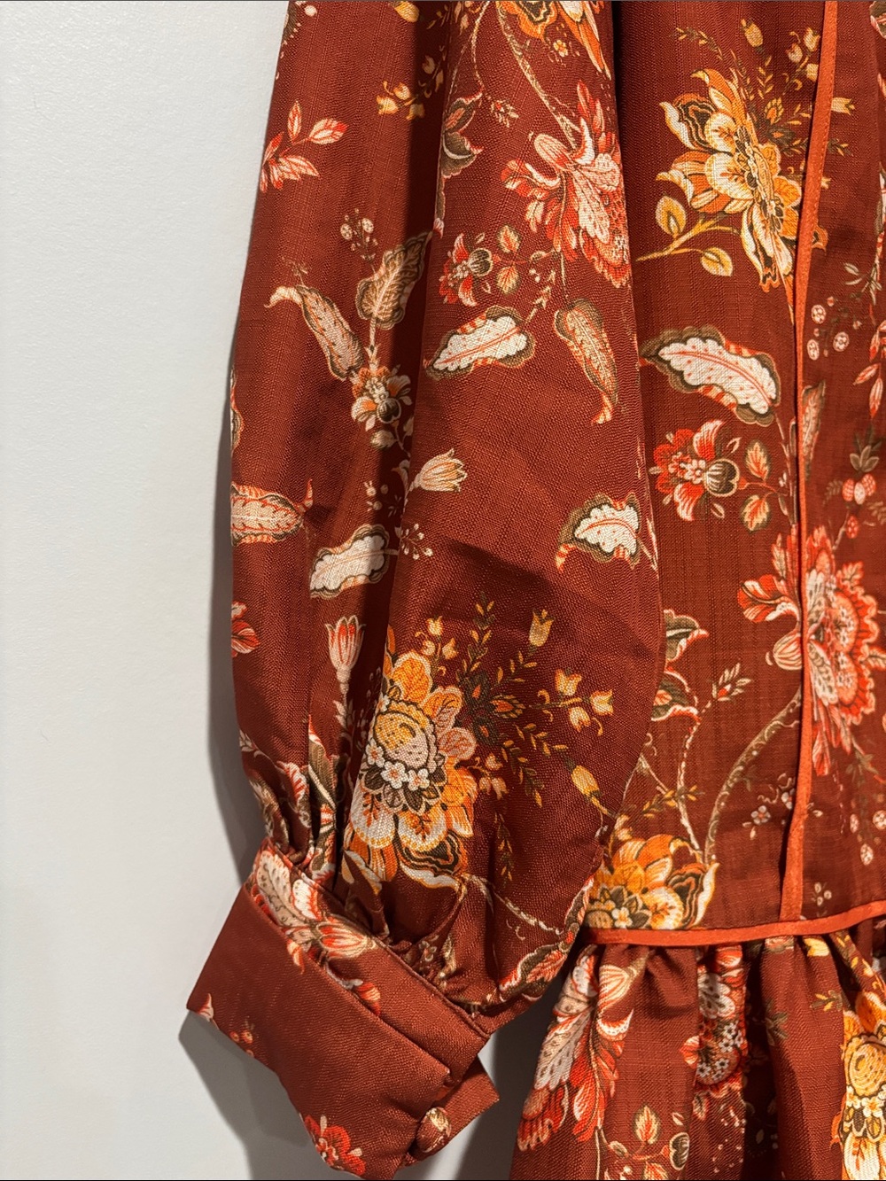 L'ATISTE Rust Floral Long-Sleeve Mini Dress with Waist Tie - Picture 5 of 7